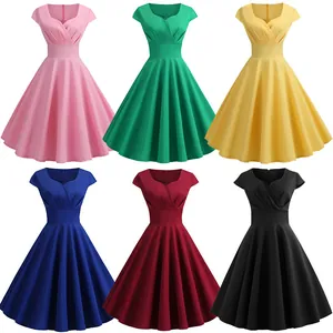 Robe Midi Femme Rétro Hepburn Col en V Froncé Manches Courtes Élégante Trapèze Swing Party Gown Polyester Couleur Unie