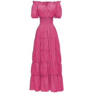 Elegante vestido largo renacentista rosa con cintura elástica y falda a capas