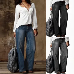Jeans Donna Retro a Vita Alta a Gamba Dritta e Larga Lavati Strappati Distressed Pantaloni in Denim Casual Fashion Streetwear Bottom