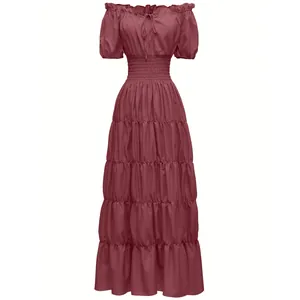 Vestido largo renacentista para mujer con escote palabra de honor y cintura elástica.