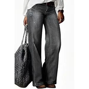 Jeans in denim grigio scuro vintage da donna con vita alta e vestibilità rilassata