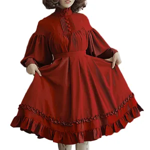 Detailed view of dark red Japanese Lolita maid dress with elegant ruffles and pleats