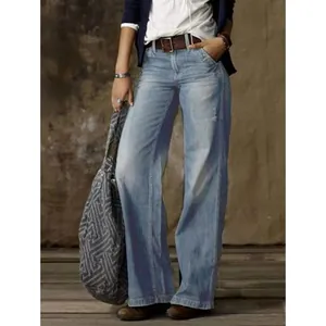 Jeans in denim a gamba larga azzurro stile vintage da donna con vestibilità casual