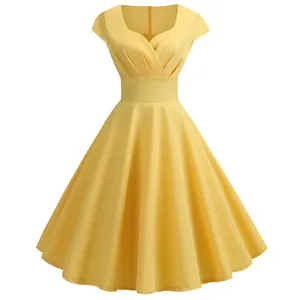 Vue détaillée de la robe vintage jaune avec décolleté en V plissé et jupe évasée longue