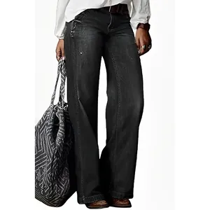 Jeans vintage da donna a vita alta e gamba larga in grigio nero lavato