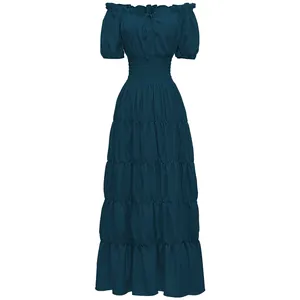 Vestido renacentista verde azulado con cintura elástica y falda de varios niveles