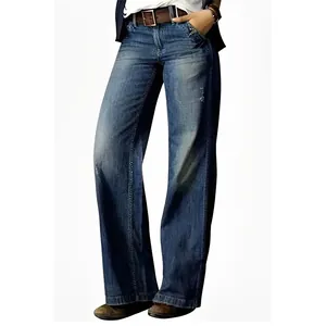 Jeans vintage a gamba larga e vita alta da donna in blu lavato stile quotidiano