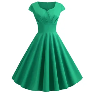 Robe trapèze vert émeraude vintage avec col en V élégant et taille plissée, manches courtes