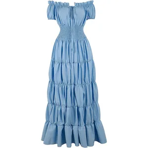 Vista detallada del vestido largo azul del Renacimiento medieval para traje COS
