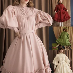 Vintage Women Victorian Lolita Maid Dress Puff Sleeve Ruffle Hem High Neck A-Line Polyester Party Cosplay Top And Bottom