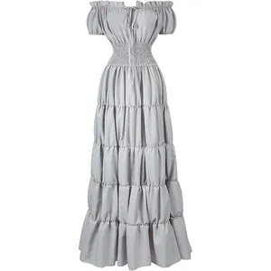 Vestido largo gris de estilo renacentista vintage con cintura fruncida y falda de volantes