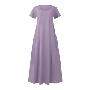Elegant lavender purple cotton linen maxi dress featuring short sleeves and side pockets.