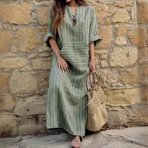 Boho losse katoen linnen maxi-jurk met verticale strepen en een handige voorzak