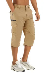 Close-up detail of men's water-repellent khaki cargo shorts featuring multi-pocket design.