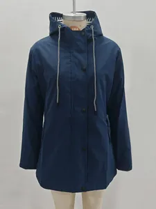 Detailed front view of a dark blue waterproof hooded mountain jacket on a mannequin