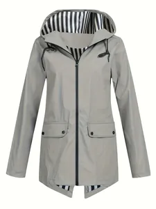 Front view of women's grey lightweight hooded windbreaker jacket featuring striped lining