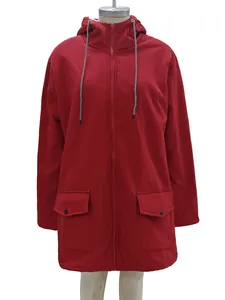 Front view of a red women's hooded waterproof outdoor jacket with flap pockets on mannequin