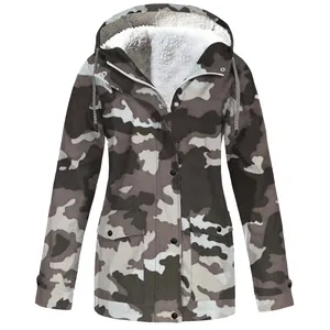 Detail view of men's camouflage windbreaker with warm fleece lining and hood