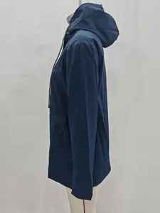 Detailed side view of a dark blue hooded waterproof outdoor hiking windbreaker