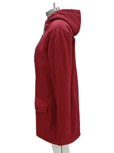 Detailed side view of a red women's waterproof hooded outdoor jacket on mannequin