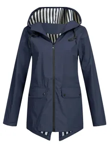 Front view of a navy blue lightweight hooded windbreaker jacket with striped lining