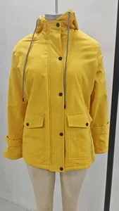 Front view of a vibrant yellow hooded outdoor mountain jacket with black buttons