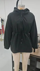 Women's black hooded waterproof windbreaker jacket with adjustable drawstring waist