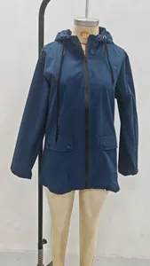 Front view of women's dark blue lightweight windproof hooded jacket with pockets on mannequin