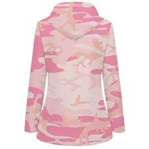 Back view of a pink camouflage hooded outdoor water-repellent windbreaker jacket for men.