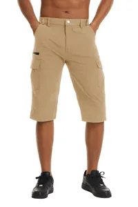 Full-length detail of khaki cargo shorts highlighting utility pockets and fit