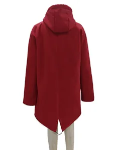 Rear view of women's red hooded waterproof assault jacket with fishtail hem detail