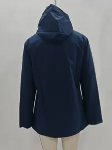 Back view of a navy blue waterproof hooded outdoor hiking jacket on a mannequin