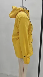Detailed side view of a yellow fleece-lined hooded outdoor hiking jacket for men