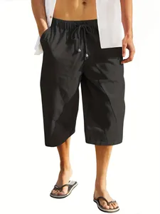 Men's casual black cotton linen beach shorts with drawstring waist and multi-pockets