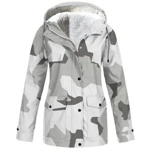 Men's grey camouflage waterproof outdoor hooded jacket featuring a warm fleece lining