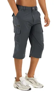 Detailed view of dark grey water-repellent cargo capris with multi-pocket design