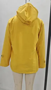 Back view of a vibrant yellow hooded outdoor hiking jacket with warm fleece lining