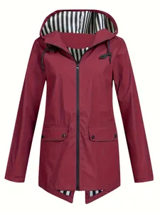Front view of women's maroon lightweight outdoor windbreaker jacket with hood and pockets
