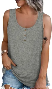 Close-up detail of grey sleeveless tank top with three front buttons and round neck