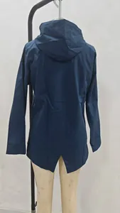 Rear view of women's navy blue lightweight hooded outdoor windbreaker jacket