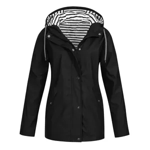 Black waterproof outdoor windbreaker for women featuring a classic striped inner lining design
