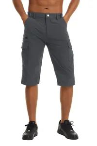 Detailed view of men's charcoal grey water-repellent cargo shorts with multi-pockets
