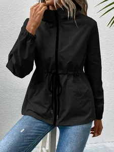 Front view of a black hooded waterproof outdoor jacket with drawstring waist detail