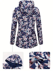 Back view and fabric details of floral print women's waterproof windbreaker jacket