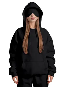 Sudadera con capucha negra extragrande para mujer con diseño único de antifaz integrado