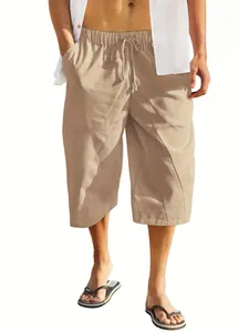 Detailed view of men's khaki cotton linen casual shorts featuring a multi-pocket beach style