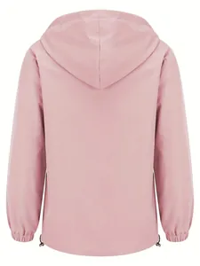 Back view of a premium women's lightweight pink hooded outdoor windbreaker jacket