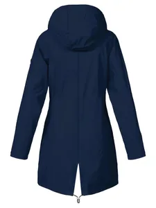 Detailed back view of women's navy blue waterproof hooded hiking jacket for outdoors