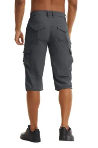 Back view of professional dark grey water-resistant cargo shorts for men with multi-pockets