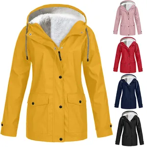 Close-up showing color variants of women's fleece-lined waterproof outdoor hooded jackets